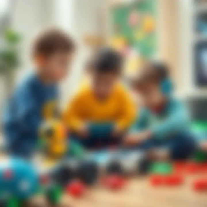 Children collaborating on a coding project with toys