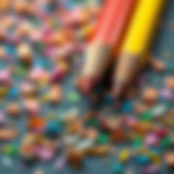 A close-up of colored pencil shavings scattered on a tabletop