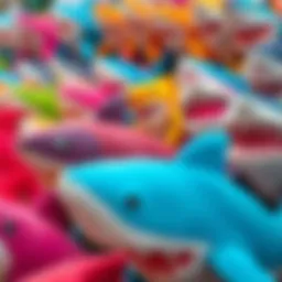 Colorful shark stuffed toys on display