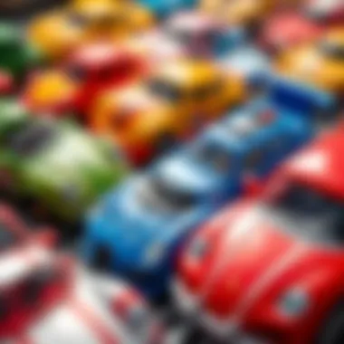 Colorful toy cars lined up, representing various types of two-player car games