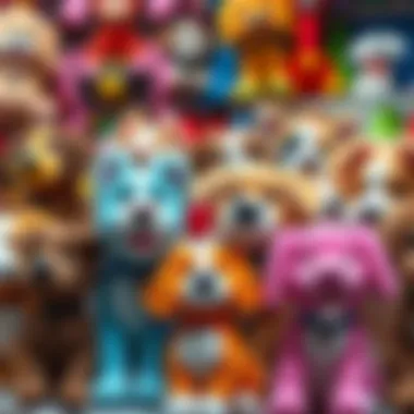 A group of realistic plush dogs displayed in a colorful toy store.