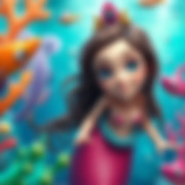 A vibrant underwater scene depicting Arya the mermaid surrounded by colorful sea creatures.
