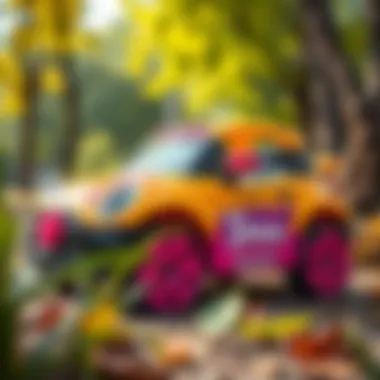 A vibrant Dolu toy electric car in a park setting