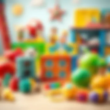Close-up of various educational toys on an activity table.