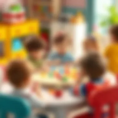 Group of children collaborating around an activity table, enhancing social skills.