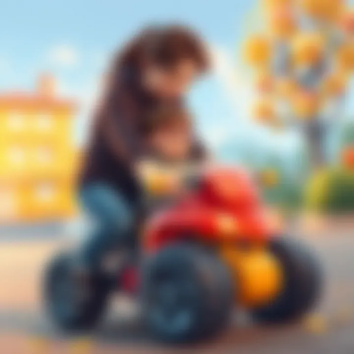 A parent guiding a child in using a 4-wheeled toy for motor skill development