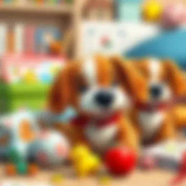 Educational materials alongside plush dogs, illustrating their role in child development.
