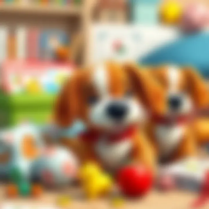 Educational materials alongside plush dogs, illustrating their role in child development.