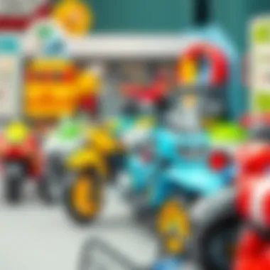 An educational setup showcasing various 4-wheeled toys for child development