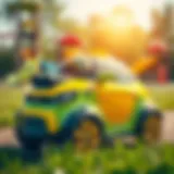 A vibrant electric car for children parked on a sunny playground