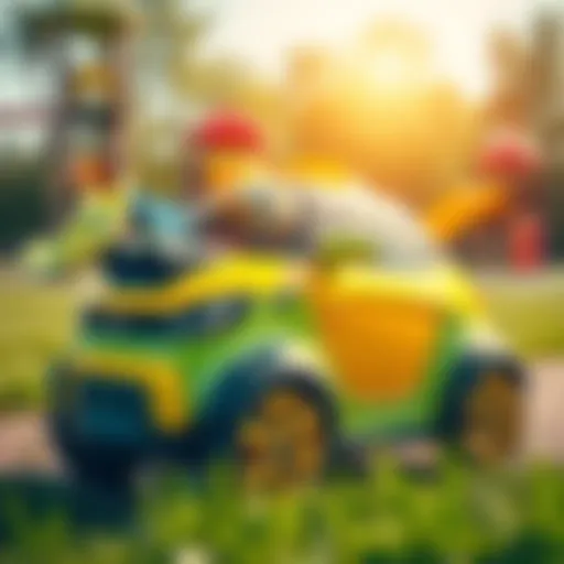 A vibrant electric car for children parked on a sunny playground