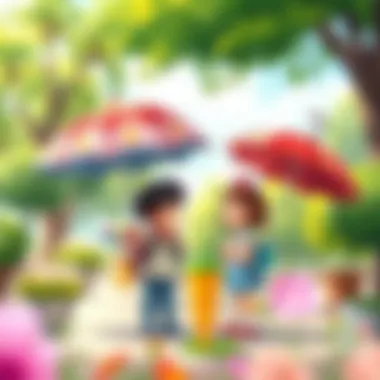 A vibrant outdoor scene with children using their umbrellas during playtime.
