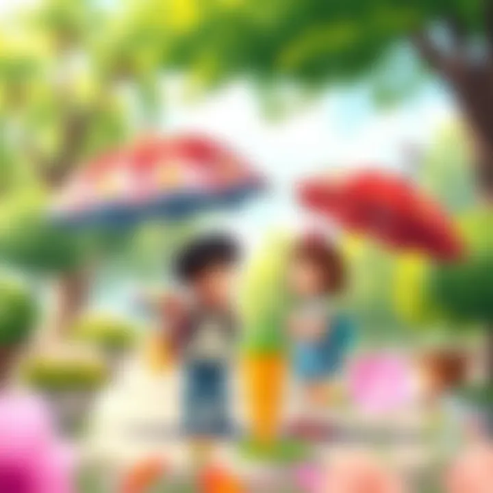 A vibrant outdoor scene with children using their umbrellas during playtime.