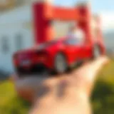 A vibrant Ferrari toy car in a child’s hand, showcasing speed and excitement.