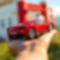 A vibrant Ferrari toy car in a child’s hand, showcasing speed and excitement.