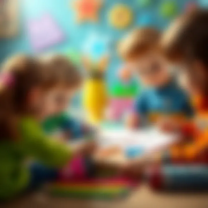 Children Engaging in Creative Drawing Children engaging in creative drawing with figurine pencils.