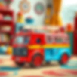 A vibrant fire truck toy in a child's playroom.