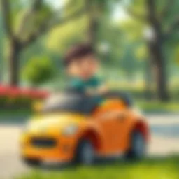 A child joyfully driving a gas-powered toy car in a park