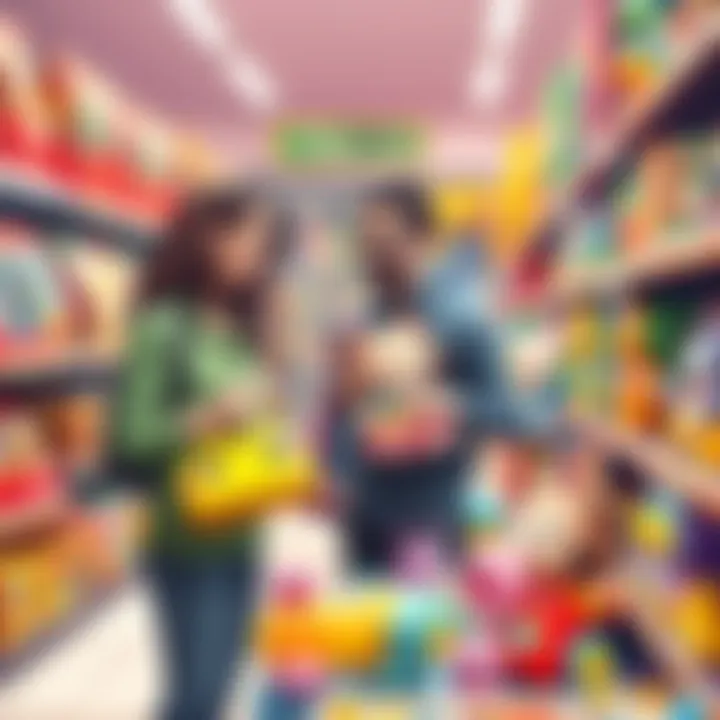 Parents selecting toys for children in a store