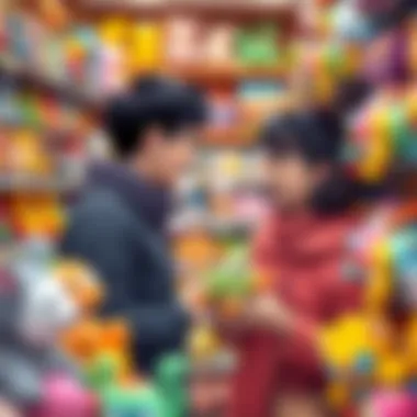 A parent selecting crinkly toys in a store, emphasizing choice and suitability for age groups