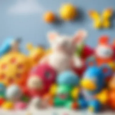 An assortment of crinkly toys arranged artistically, highlighting educational features