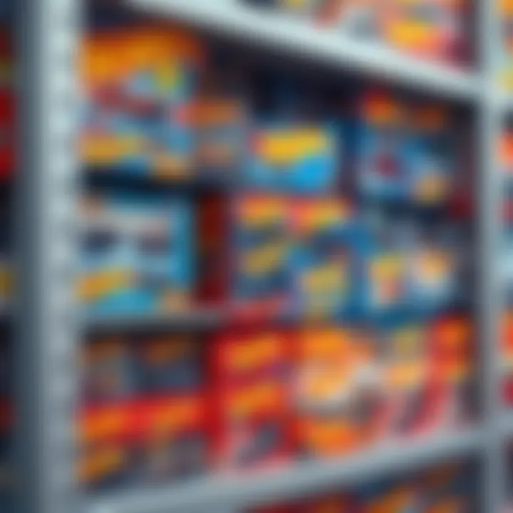 Well-Organized Hot Wheels Collection An organized shelf with neatly arranged Hot Wheels boxes, emphasizing collection and storage.