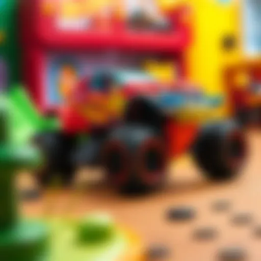 A vibrant Hot Wheels monster truck set displayed on a play surface