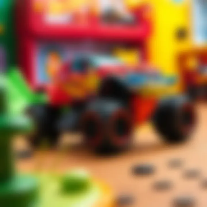 A vibrant Hot Wheels monster truck set displayed on a play surface