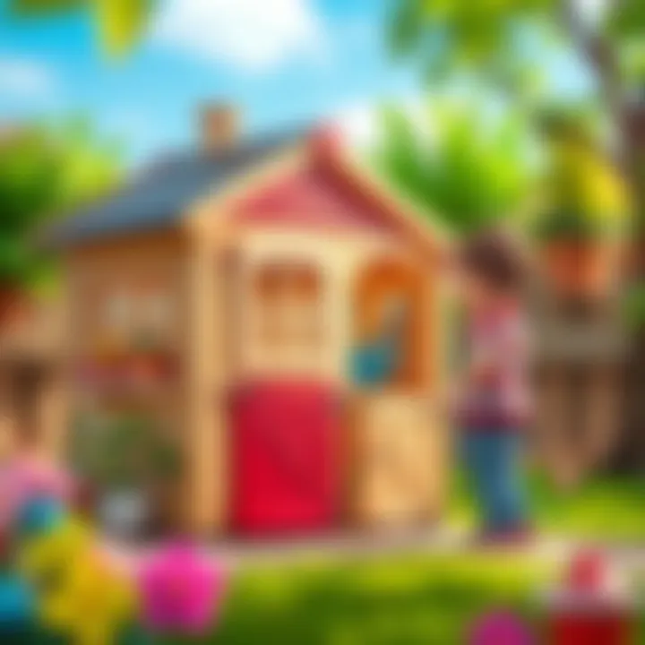 A parent inspecting safety features of a garden playhouse before installation.