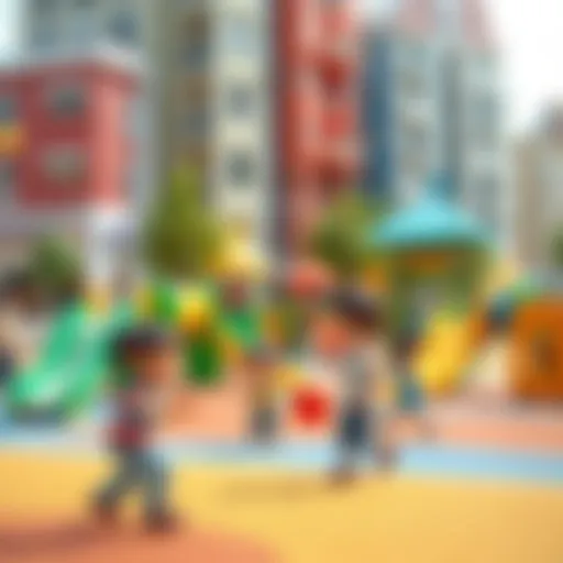 A vibrant urban playground filled with children engaging in playful activities.