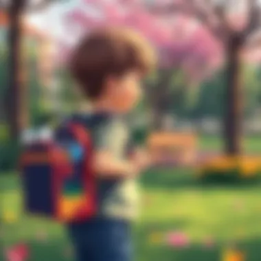 Child carrying a Lego backpack in a park
