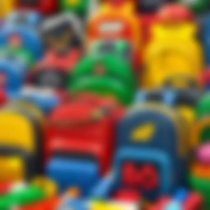 Various Lego backpacks arranged for selection