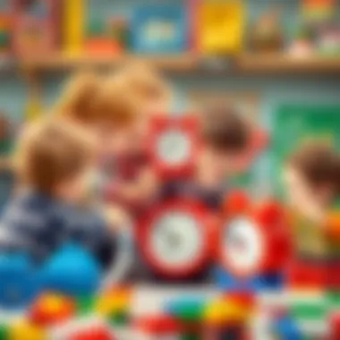 Collaborative Play: Children Enjoying Lego Clocks Group of children playing with Lego clocks together