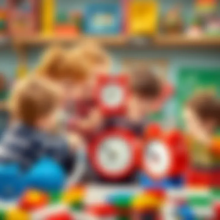 Collaborative Play: Children Enjoying Lego Clocks Group of children playing with Lego clocks together