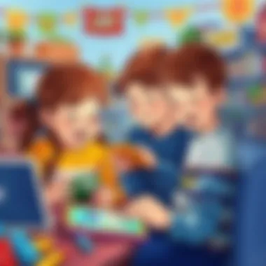 Children Immersed in Interactive Play Children joyfully engaged in a Lego web game on digital devices.