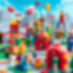 A vibrant virtual Lego landscape showcasing various characters and structures.