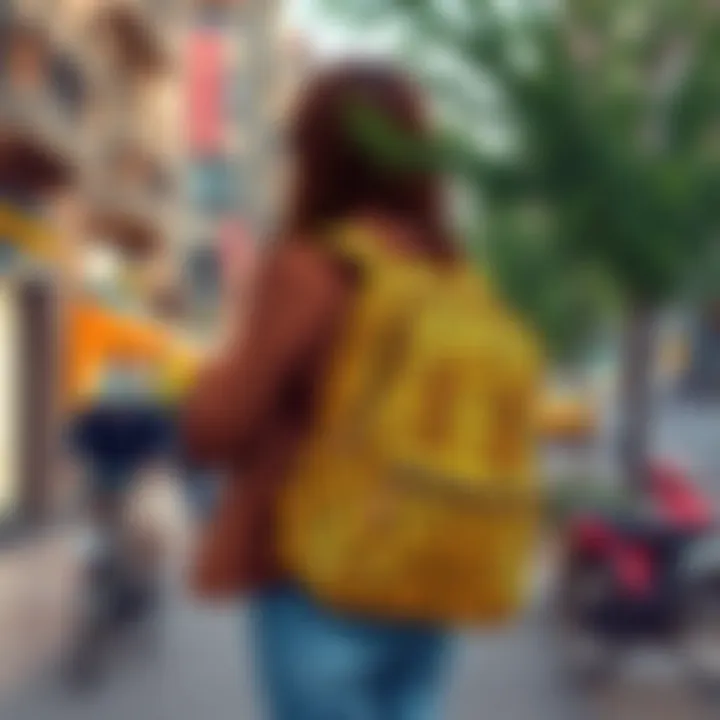 A fashionable person carrying a leopard print backpack in an urban setting