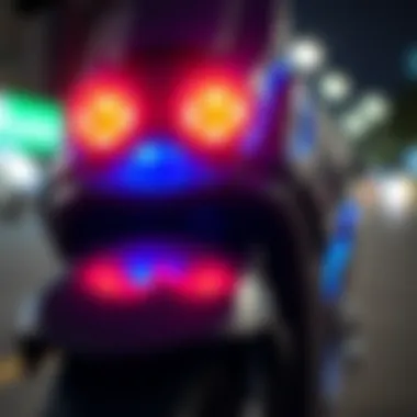 Close-up of a light-up scooter's LED lights shining brightly