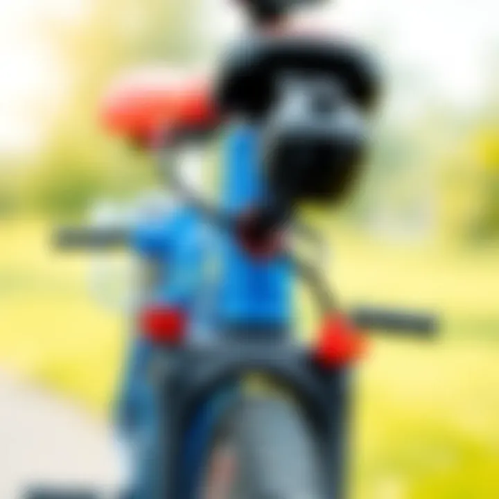 Close-up of safety features on a children's blue bicycle, emphasizing security for young riders.