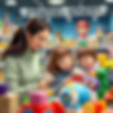 Parents examining toys with their children
