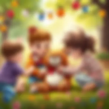 Children playing with a Migros toy bear, highlighting social interaction.