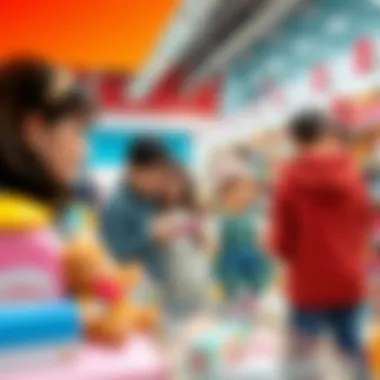 Parents examining toy doll options at a Migros store.