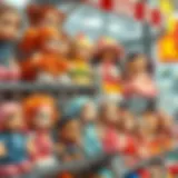 A diverse range of Migros toy dolls displayed on shelves.