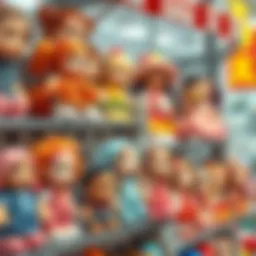 A diverse range of Migros toy dolls displayed on shelves.