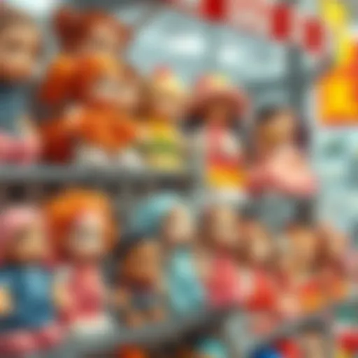 A diverse range of Migros toy dolls displayed on shelves.