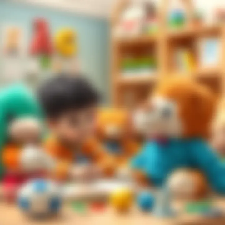 An educational setting where children are using plush toys for learning.