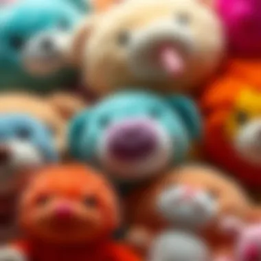 A close-up of various plush toys highlighting their textures and colors.