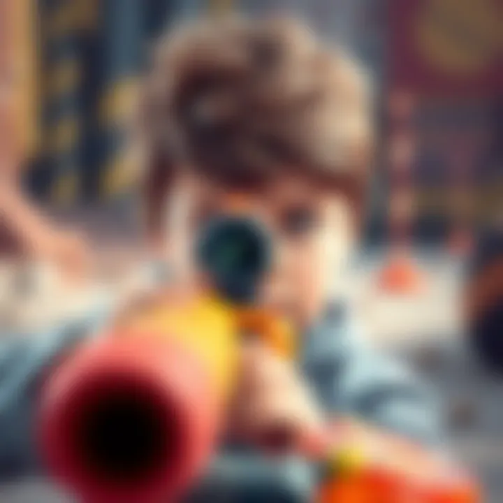 A child focusing through a Nerf scope, showcasing concentration and playfulness