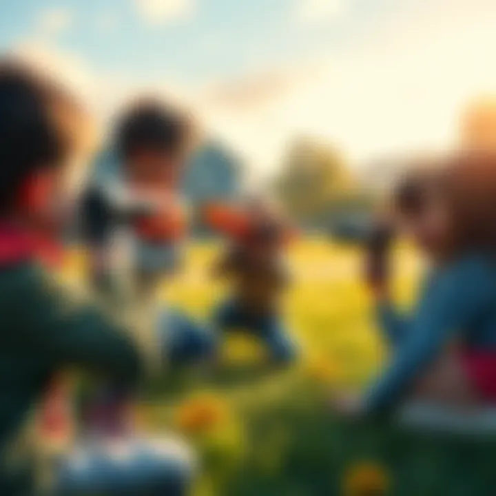 An outdoor scene with children playing using Nerf scopes, illustrating teamwork and fun