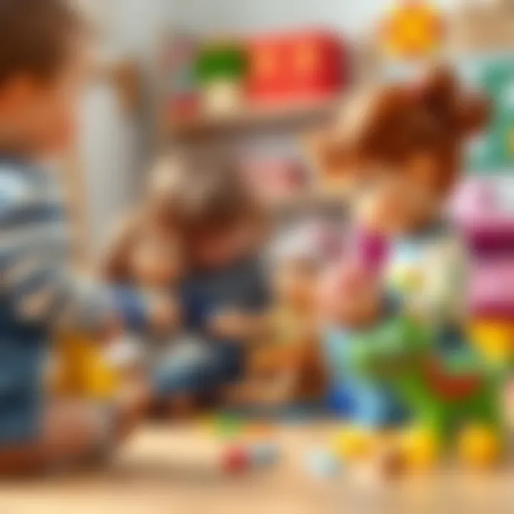 Children interacting with toy dolls in an educational setting.